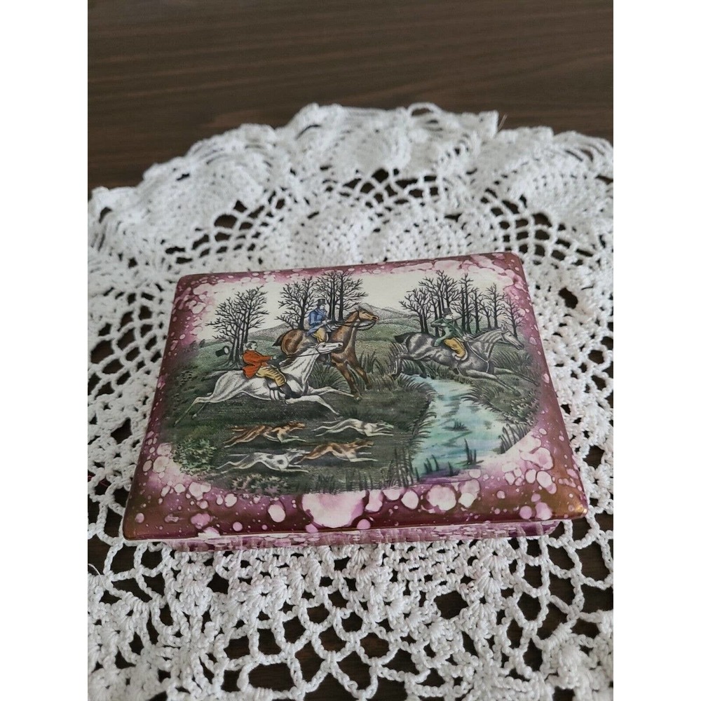 Antique Stoke on Trent England Gray's Pottery Hunting Scene Cigarette Box